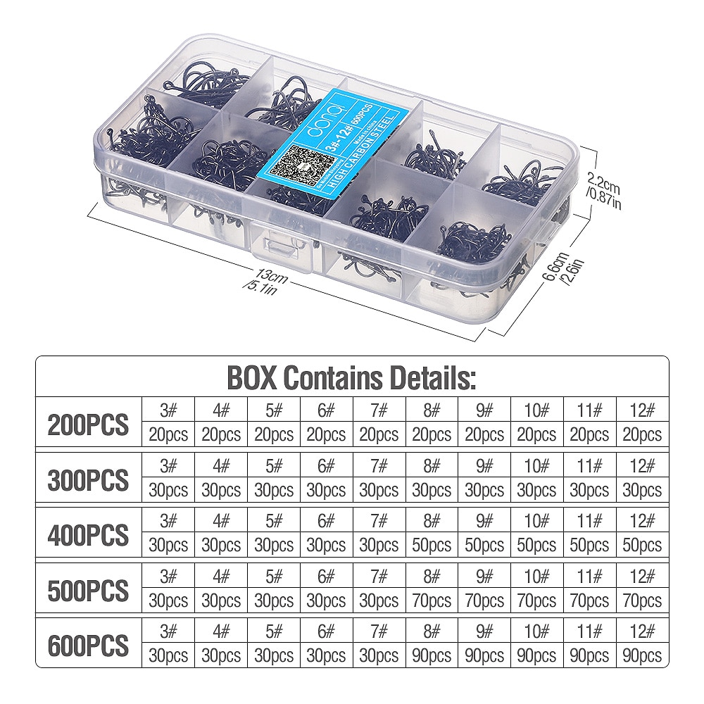 DONQL-Conjunto de anzuelos para peces individuales, 200- 600 unidades/caja, ganchos de pesca con púas, 3-12#, accesorios de pesca con mosca, anzuelo de acero al carbono, anzuelos de mar