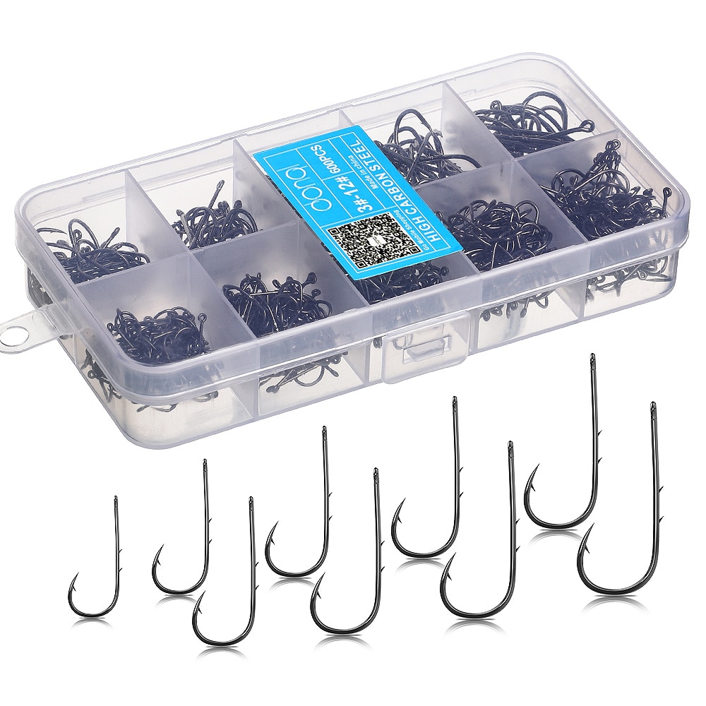 DONQL-Conjunto de anzuelos para peces individuales, 200- 600 unidades/caja, ganchos de pesca con púas, 3-12#, accesorios de pesca con mosca, anzuelo de acero al carbono, anzuelos de mar